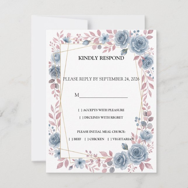 Dammt blå blommig bröllops-svarskort OSA kort (Framsida)