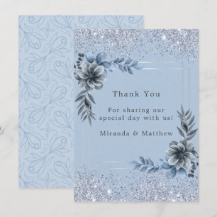 Dammt blå blommig silver glitter bröllop tack inbjudningar