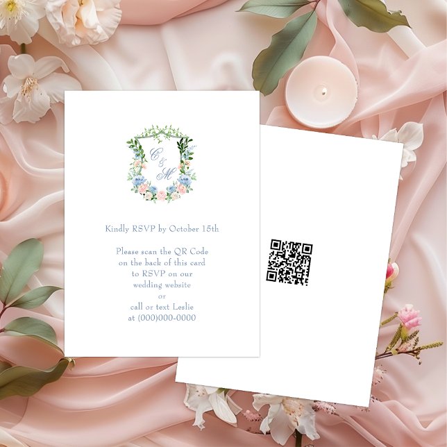 Dammt blå blommig vapensköld Bröllop QR-kod RSVP Tilläggskort (Skapare uppladdad)