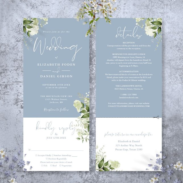 Dammt blå botanisk grönska Allt i ett bröllop Inbjudningar (Dusty Blue Botanical Greenery All In One Wedding Invitation)