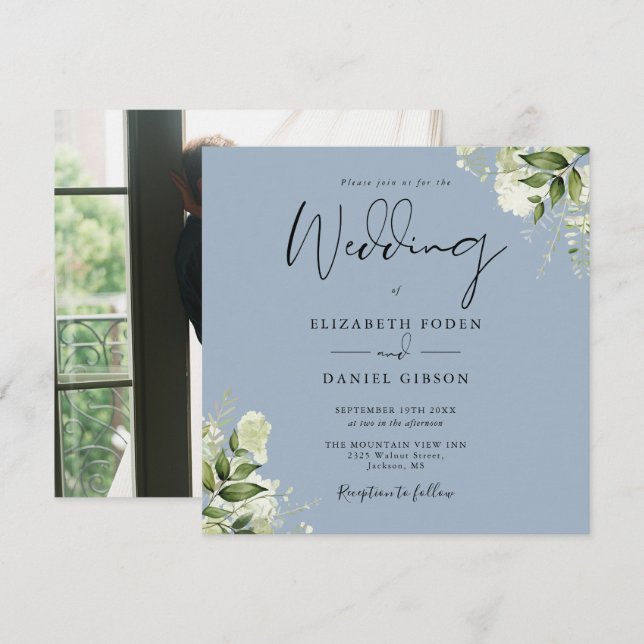 Dammt blå grönska Elegant fyrkantig bröllopsfoto Inbjudningar (Fram/baksida)