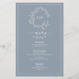 Dammt blå lövrik krön monogram bröllopsmeny