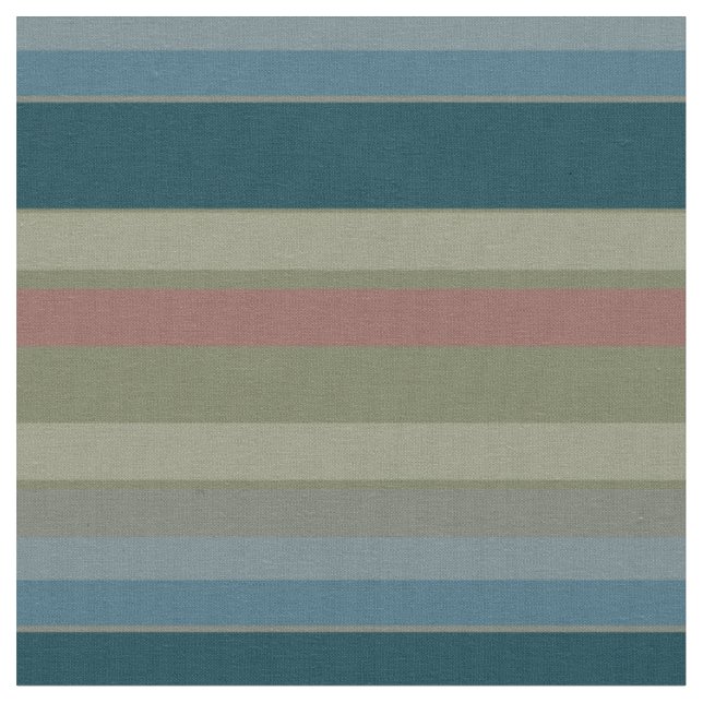 Dammt blå, Teal, Beige, Korall, Olivränder  Tyg (Närbild)