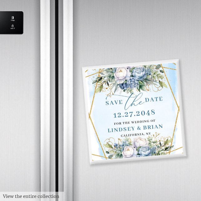 Dammt fina blå peonier i gul ram Förhandsinbjudan Magnet (Chic Dusty Blue Peonies Gold Frame Save the Date)