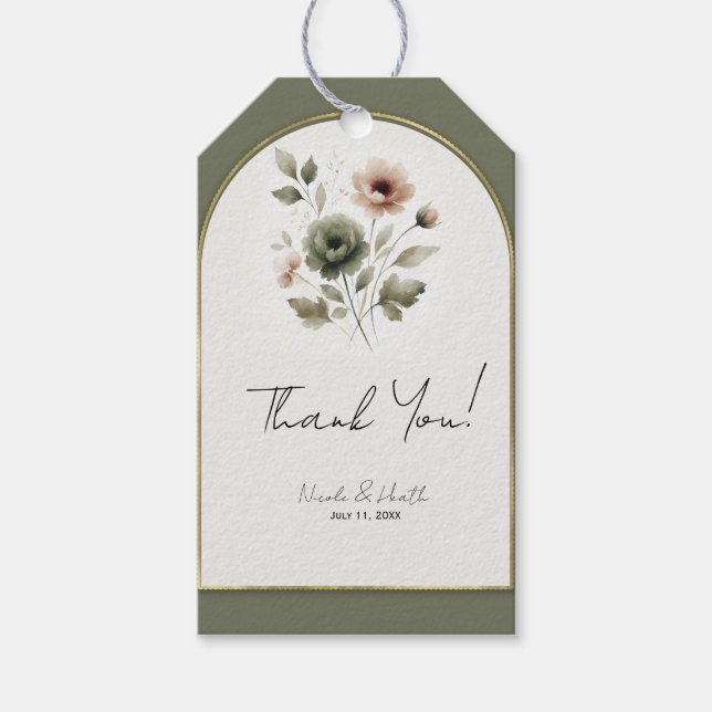 Dammt Olivgrön Rosa & Guld Akvarell Blomma Presentetikett (Framsidan)