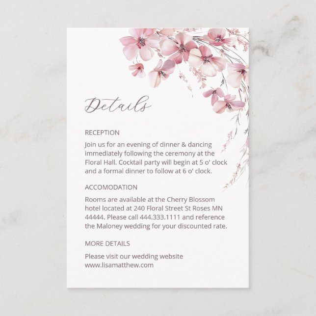 Dammt Rosa Boho Vildblommor Detaljer Inneslutnings Tilläggskort (Framsida)