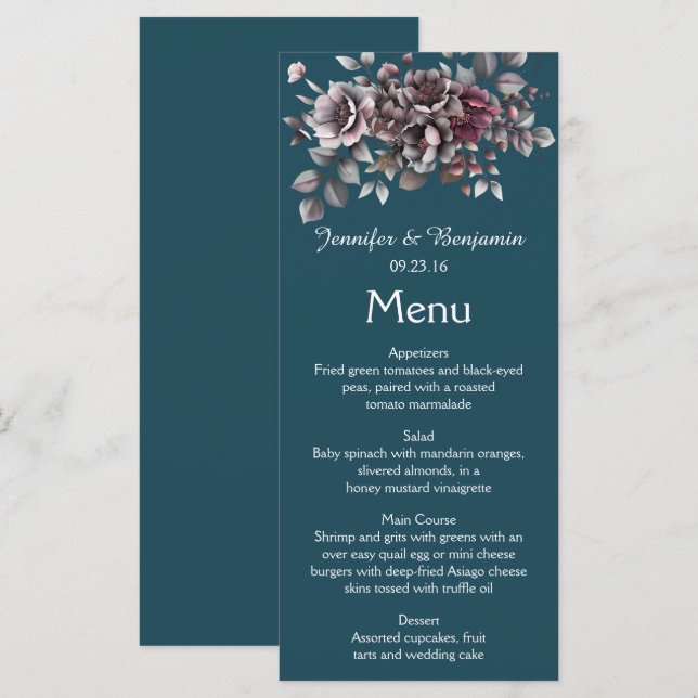 Dammt Rosa, Mörk Teal, Dammt Lavendel Bröllop | Meny (Fram/baksida)