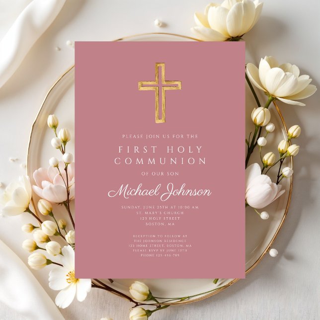 Dammt Rosa Religiöst Kors Flicka Första Kommunion Inbjudningar (Dusty Pink Religious Cross Girl First Communion Invitation)