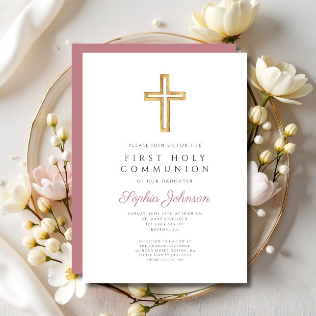 Dammt Rosa Religiöst Kors Flicka Första Kommunion Inbjudningar (Dusty Pink Religious Cross Girl First Communion Invitation)