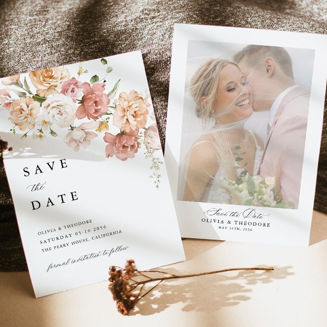 Dammt Rosa Ros Blommig Bröllopsfotobakgrund Spara Datumet (Dusty Pink Rose Floral Photo Save the Date Card, elegant garden wedding Photo Save the Date)