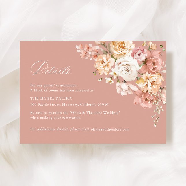 Dammt Rosa Ros Blommig Bröllopshotell Detaljer Tilläggskort (Dusty Pink Rose Floral Wedding Details Card, hotel accommodation insert, garden wedding stationery)