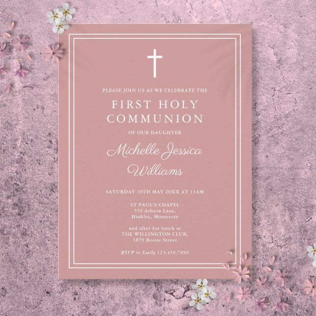 Dammt Rosa Rosa Första Nattvarden Inbjudan (Dusty Rose Pink First Holy Communion Invitation Postcard)