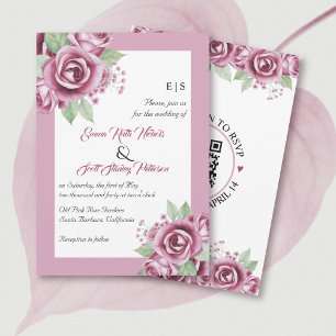 Dammt rosa rosblommor, QR-kod blomsterbröllop Inbjudningar