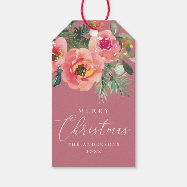 Dammt Rosa Vinterns Blommor | Romantisk Jul Presentetikett (Framsidan)