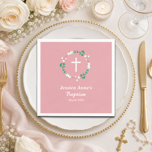 Dammt Rosa Vit Kors Blommig Kam Baptism Pappersservett