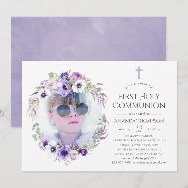 Dammt Violett Blommig Första Nattvarden Inbjudningar (Fram/baksida)