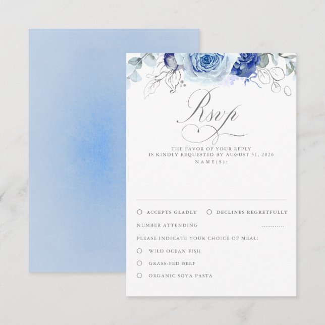 Dammtblå Blommor Bröllop RSVP OSA Kort (Fram/baksida)
