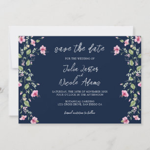 Dammtig Navy Blå Rosa Hibiskus Blommande Bröllopsd Spara Datumet