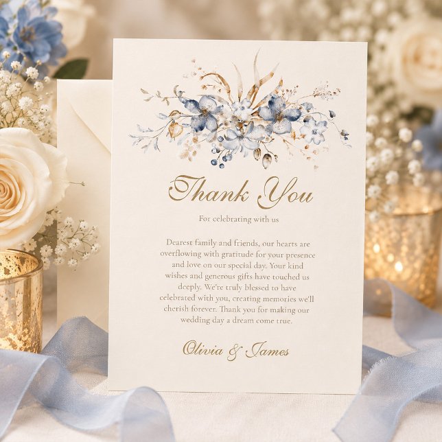 Dammtor Blå Botanisk Bröllop Tacksamhetskort Tack Kort (Dusty Blue Botanical Wedding Thank You Card)
