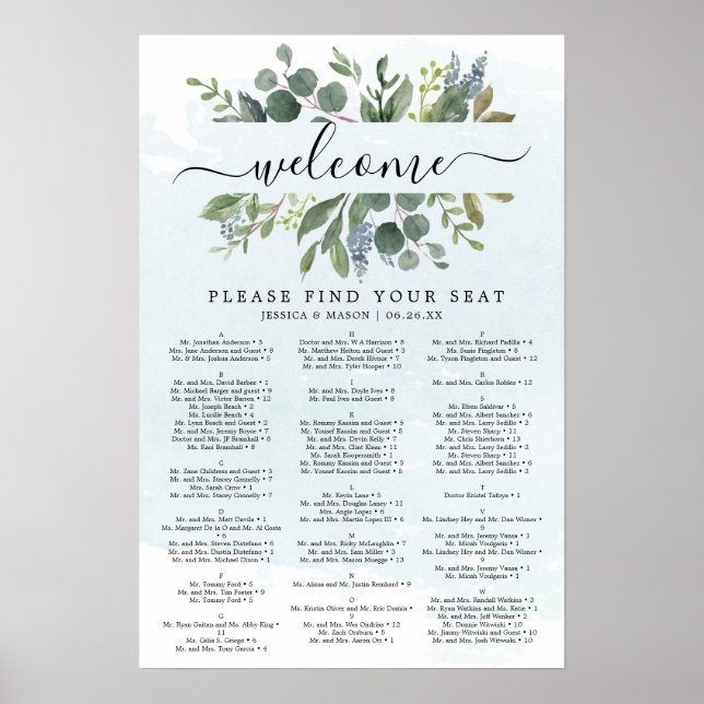 Dammtor Blue Eukalyptus Bröllopsplatsskylt Poster (Framsidan)