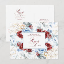 Dammtor Blue och Burgundy Red Bröllop RSVP Postkor