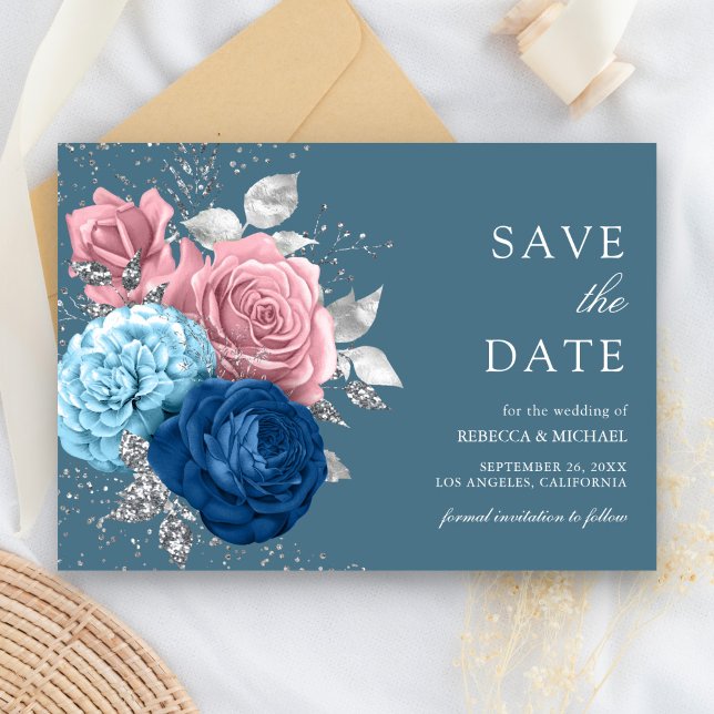 Dammtor Blue Silver Rosa Blommig Bröllop Spara Datumet (Skapare uppladdad)