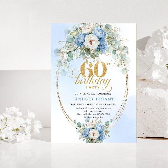 Dammtorbla blommor vit pion guld 60-årsdag inbjudningar (Dusty blue flowers white peony gold 60th birthday invitation

)