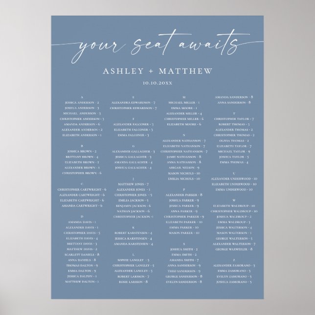 Dammtorblue Alfabetisk Bröllopsställningskarta Poster (Framsidan)