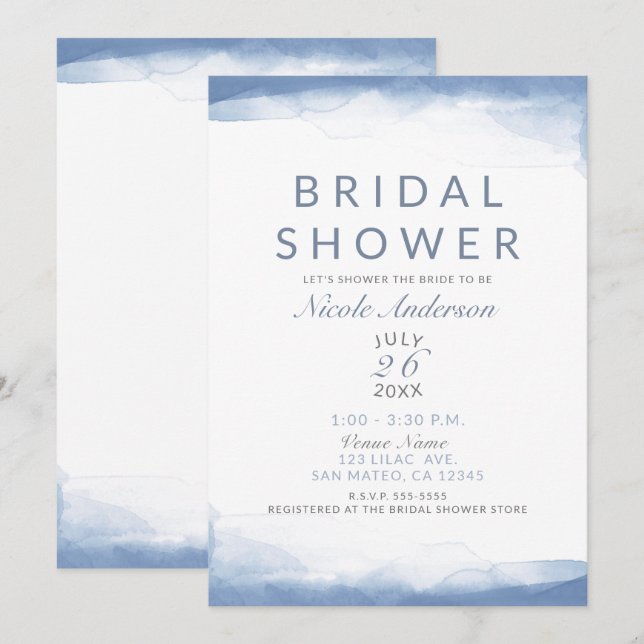 Dammtorr Blå Vattenfärg Bröllopsdusch Inbjudningar (Fram/baksida)