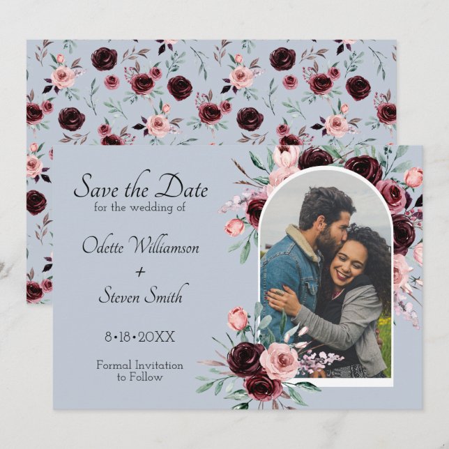 Dammtorra blå och burgunderfärgade blommor foto br spara datumet (Fram/baksida)