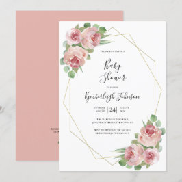 Dammtorrosa akvarell blomster geometrisk baby show inbjudningar