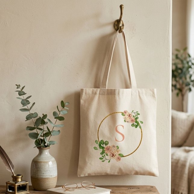 Dammtorrosa Blommig Vårgrönska Namn Monogram Tygkasse (Skapare uppladdad)