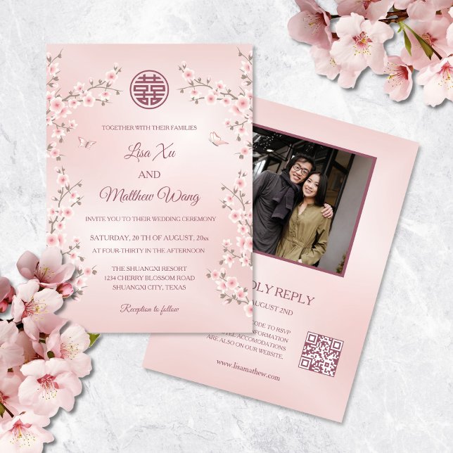 Dammtorrosa blommor | Foto QR-kod Kinesisk bröllop Inbjudningar (Skapare uppladdad)