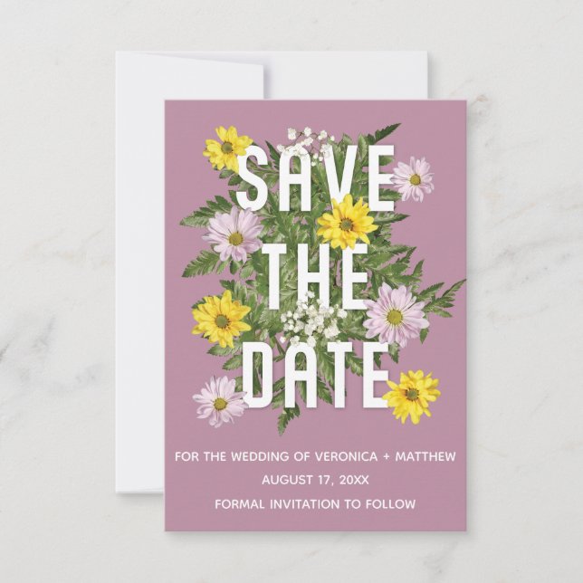 Dammtorrosa och gula prästkragar Spara datum Inbjudningar (Framsida)