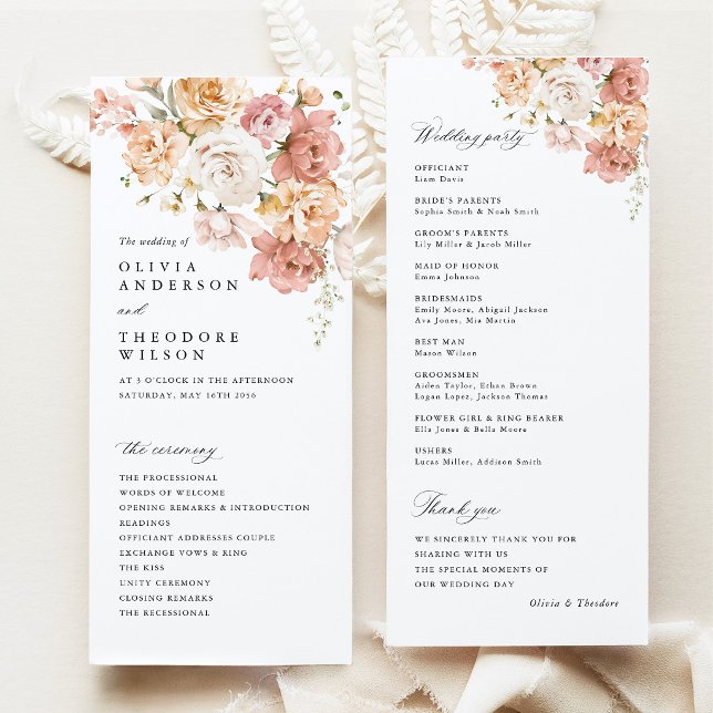 Dammtorrosa Ros Blommig Bröllopsceremoni Program (Dusty Pink Rose Floral Wedding Program, double sided ceremony program, blush wedding stationery)