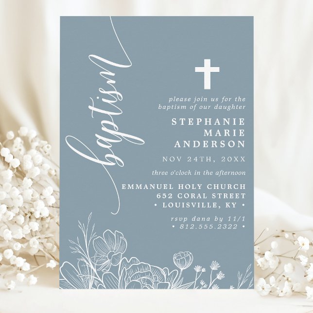 Dammtorrs blå vit blomster elegant script dop inbjudningar (Skapare uppladdad)