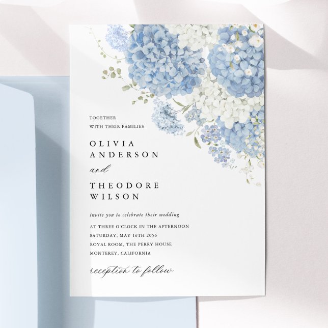 Dammtorrs blå vit blomstergudomlig bröllop inbjudningar (Dusty blue white floral wedding invitation, watercolor hydrangea, elegant minimalist flat lay)