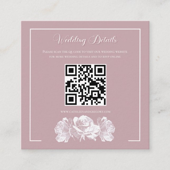 Dammtorrs Rosa Kalligrafi QR Info Bröllop Tilläggskort (Framsida)