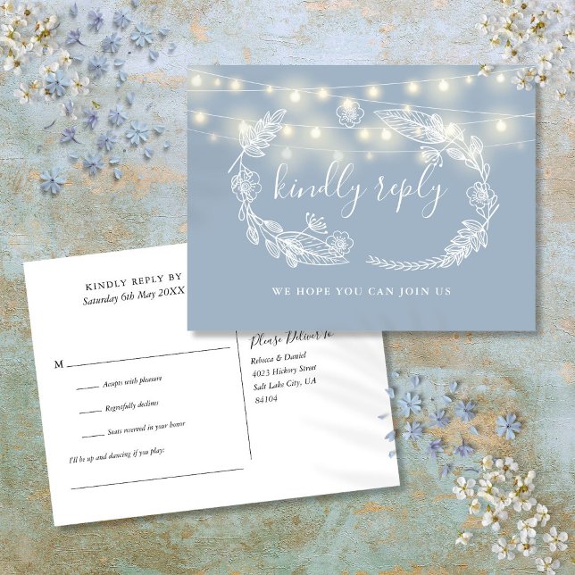 Dammtorrsblå Blommig Sångförfrågan RSVP-kort Inbjudan Vykort (Dusty Blue Floral Song Request RSVP Card)