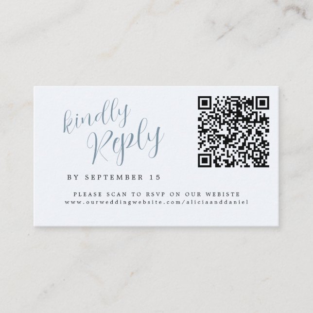 Dammtorrsblå QR-kod bröllopswebbplats online RSVP Tilläggskort (Framsida)