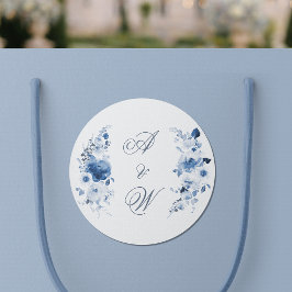 Dammtorrt Blå Akvarell Blommig Bröllopsmonogram Runt Klistermärke