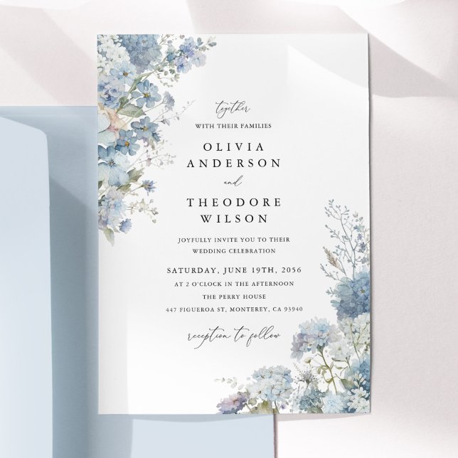 Dammtorrt Blå Akvarell Blommig Elegant Bröllop Inbjudningar (Dusty blue watercolor floral wedding invitation, hydrangea blooms, romantic garden style stationery)