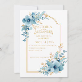 Dammtorrt blå akvarell blomsterguld valv bröllop inbjudningar