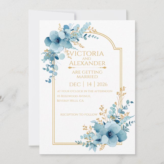 Dammtorrt blå akvarell blomsterguld valv bröllop inbjudningar (Framsida)