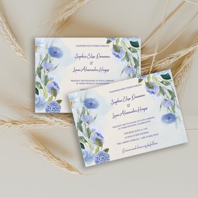 Dammtorrt Blått Akvarell Blommor Botanisk Bröllop Inbjudningar (Dusty Blue Watercolor Floral Wedding Invitation | Elegant Garden Botanical Invite)