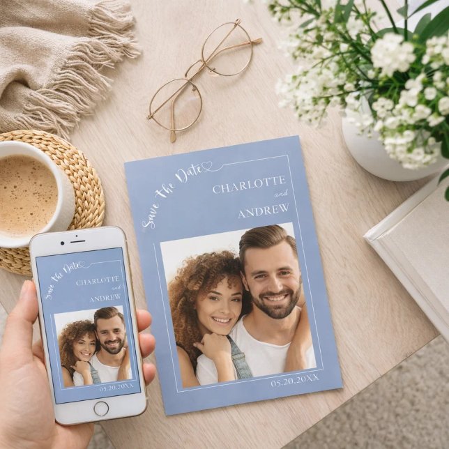 Dammtorrt blått elfenbensfoto bröllop Save the Dat Spara Datumet (Skapare uppladdad)