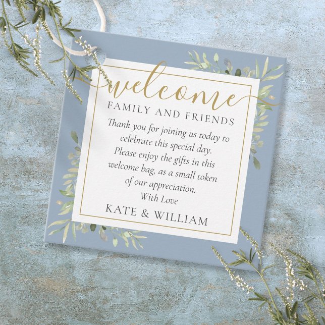 Dammtorrt Blått Löv Bröllop Välkomstpresent Påse K Gåvor Etiketter (Dusty Blue Foliage Wedding Welcome Gift Bag Basket Favor Tags)