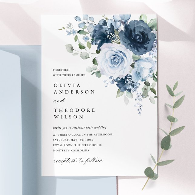Dammtorrt Blått Marin Akvarell Blommig Elegant Brö Inbjudningar (Dusty blue navy watercolor floral bouquet wedding invitation card elegant romantic design)