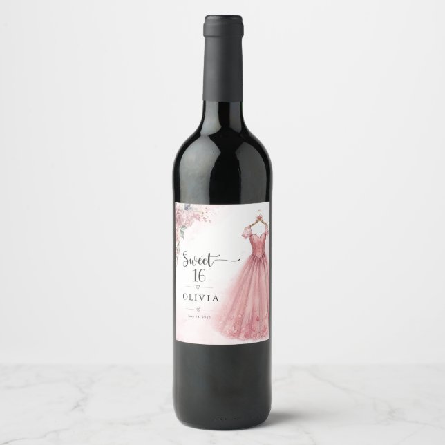 Dammtorrt Rosa Sweet 16 Blommig Klänning Vinflaska Etikett (Framsida)