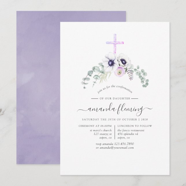Dammtorviol poppyblommig konfirmation inbjudningar (Fram/baksida)